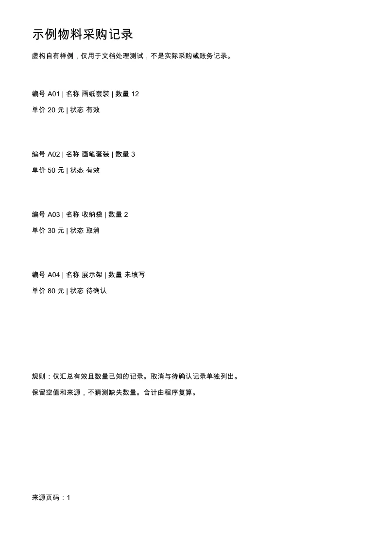 含有效、取消和数量缺失四条采购记录的 PDF