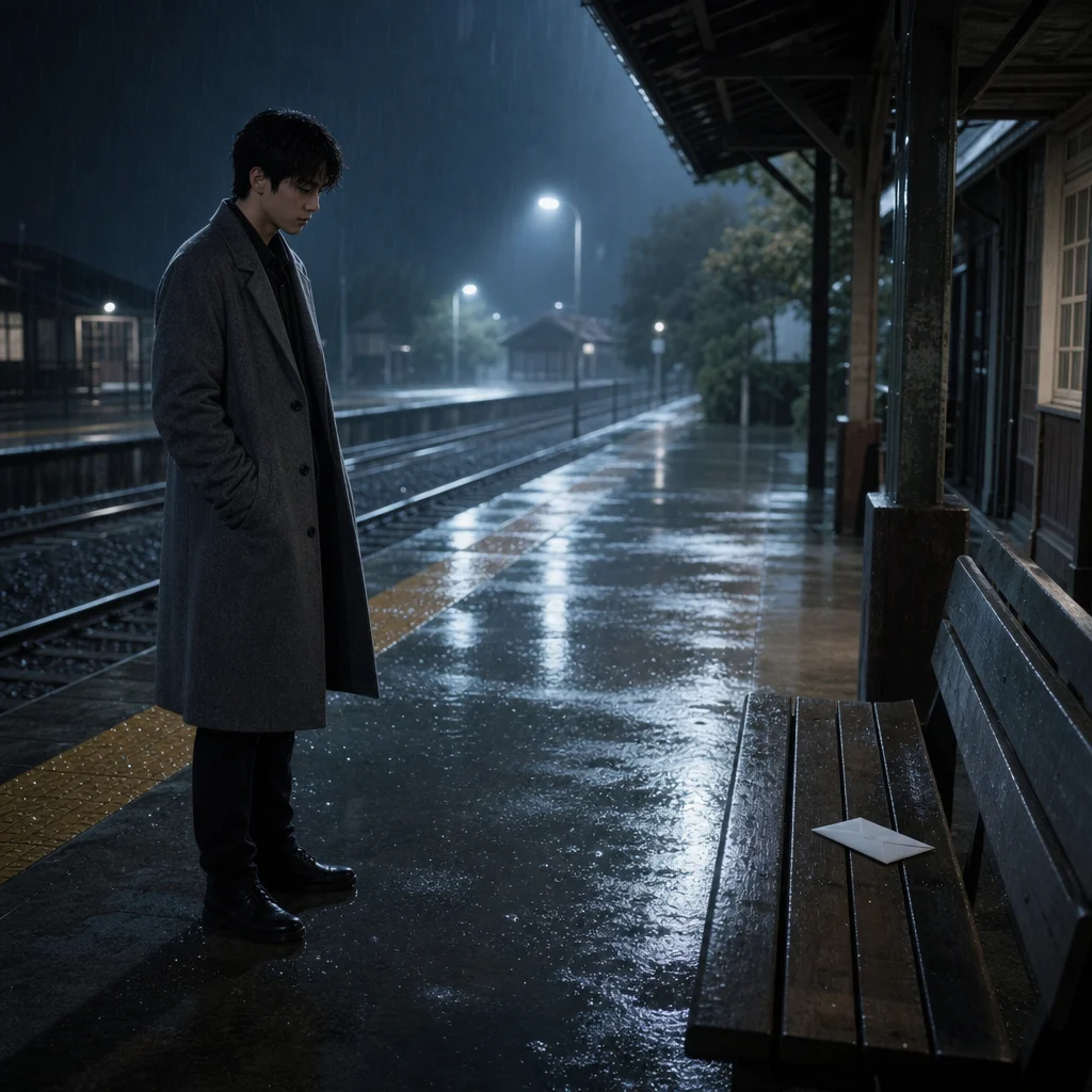 灰色外套人物与雨夜车站信封的参考帧