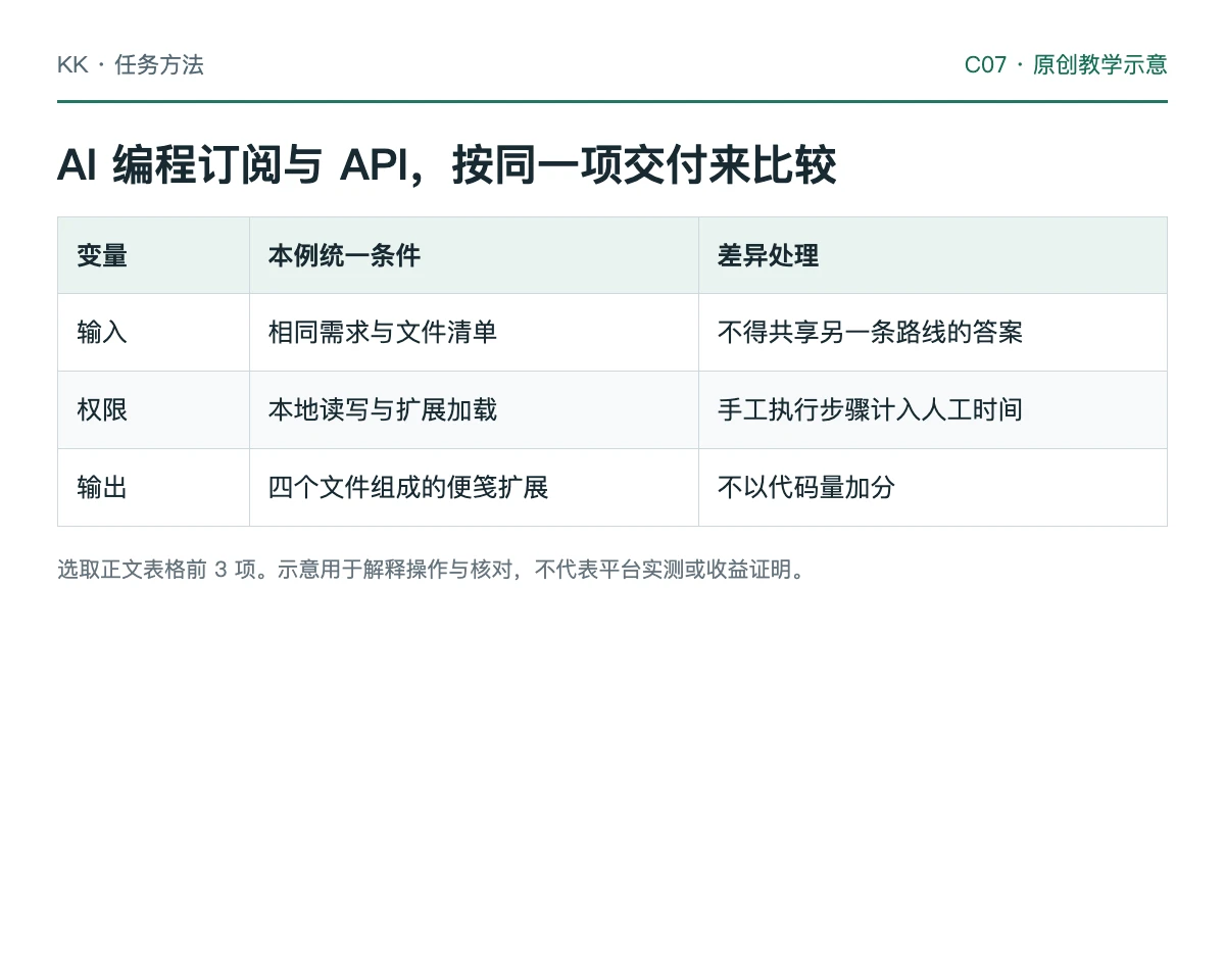 同一便笺扩展任务分别采用订阅与 API，再按验收和成本合并复核的教学流程