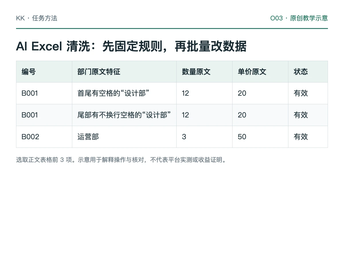 五行原始明细经过标准化、去重、空值隔离与有效金额汇总的教学图
