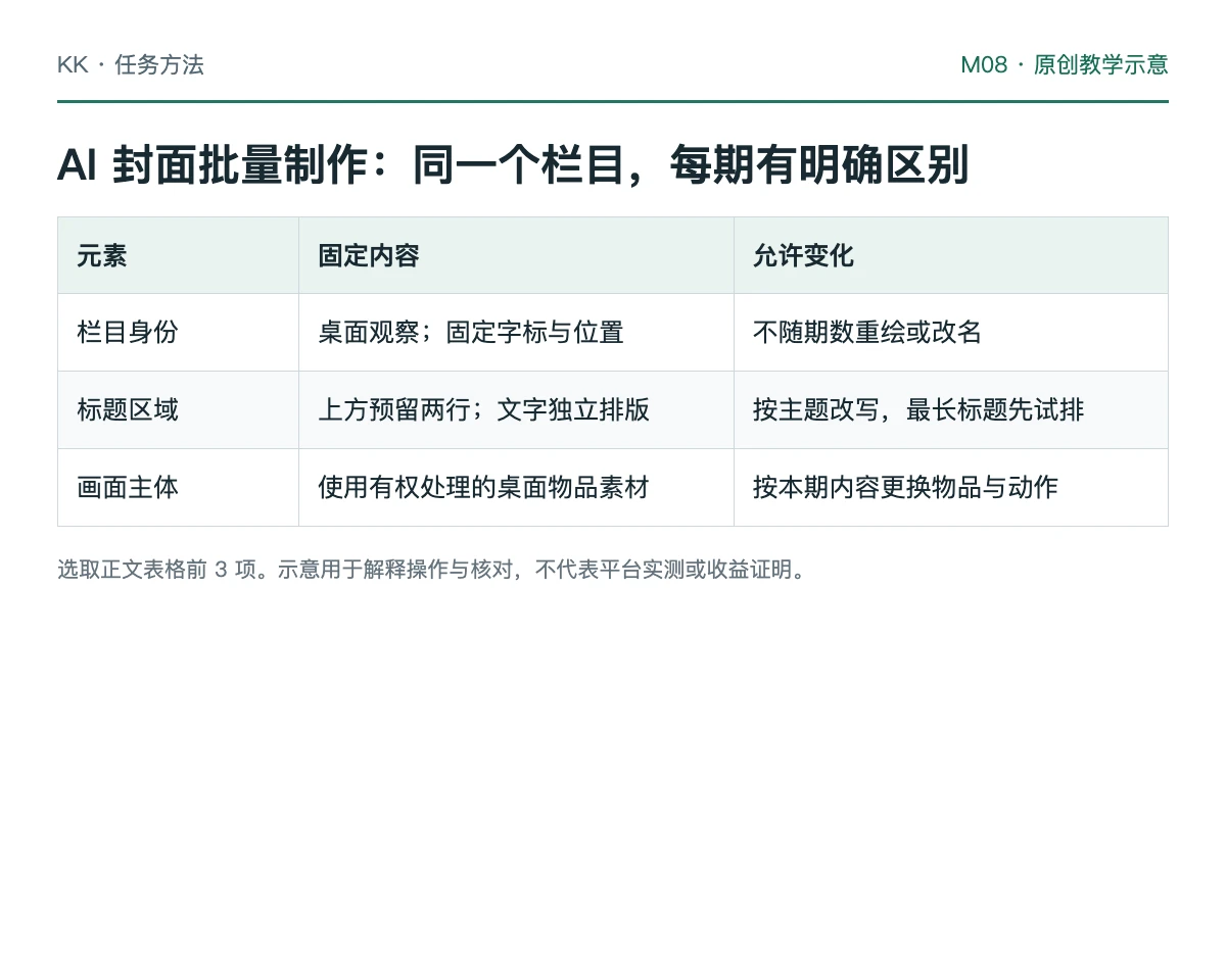 栏目封面固定身份与四期主题变化、导出和单张返工流程示意
