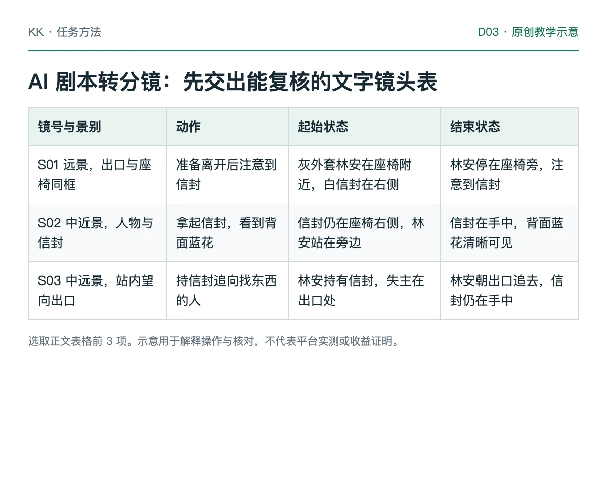 S01发现信封、S02拿起信封和S03追向出口的文字分镜教学表