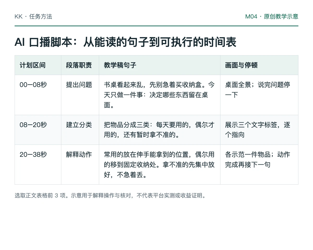 口播脚本按信息、时间预算、试读和画面匹配逐步检查的教学示意