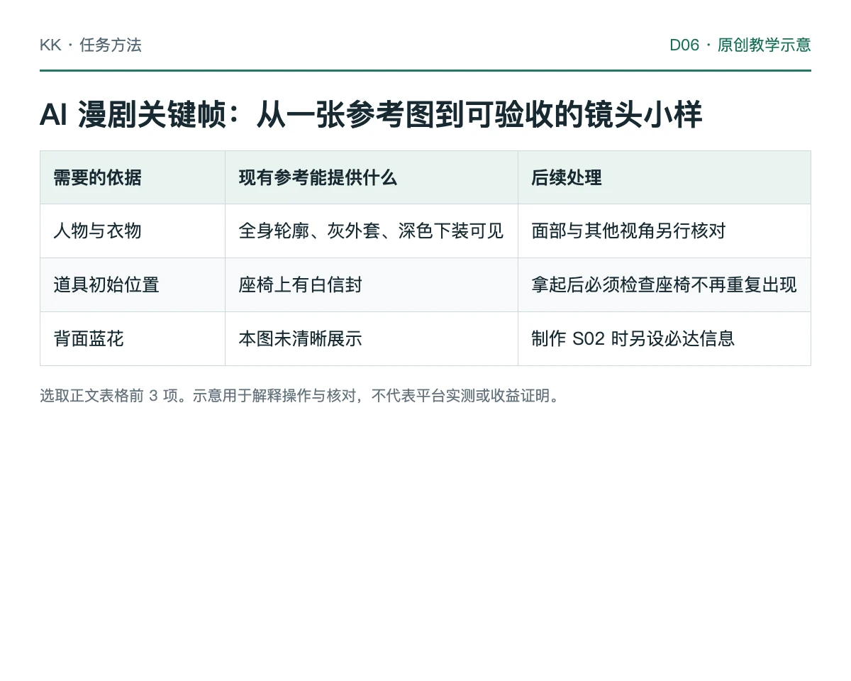 已有参考帧能提供的人物、道具与空间信息以及需要补充的资料教学表