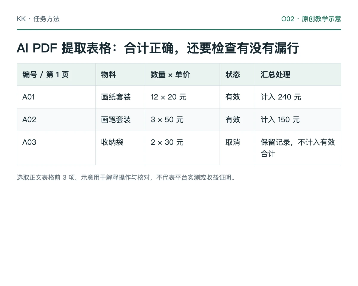 PDF 全量记录、漏行检测、修订与汇总的教学流程图