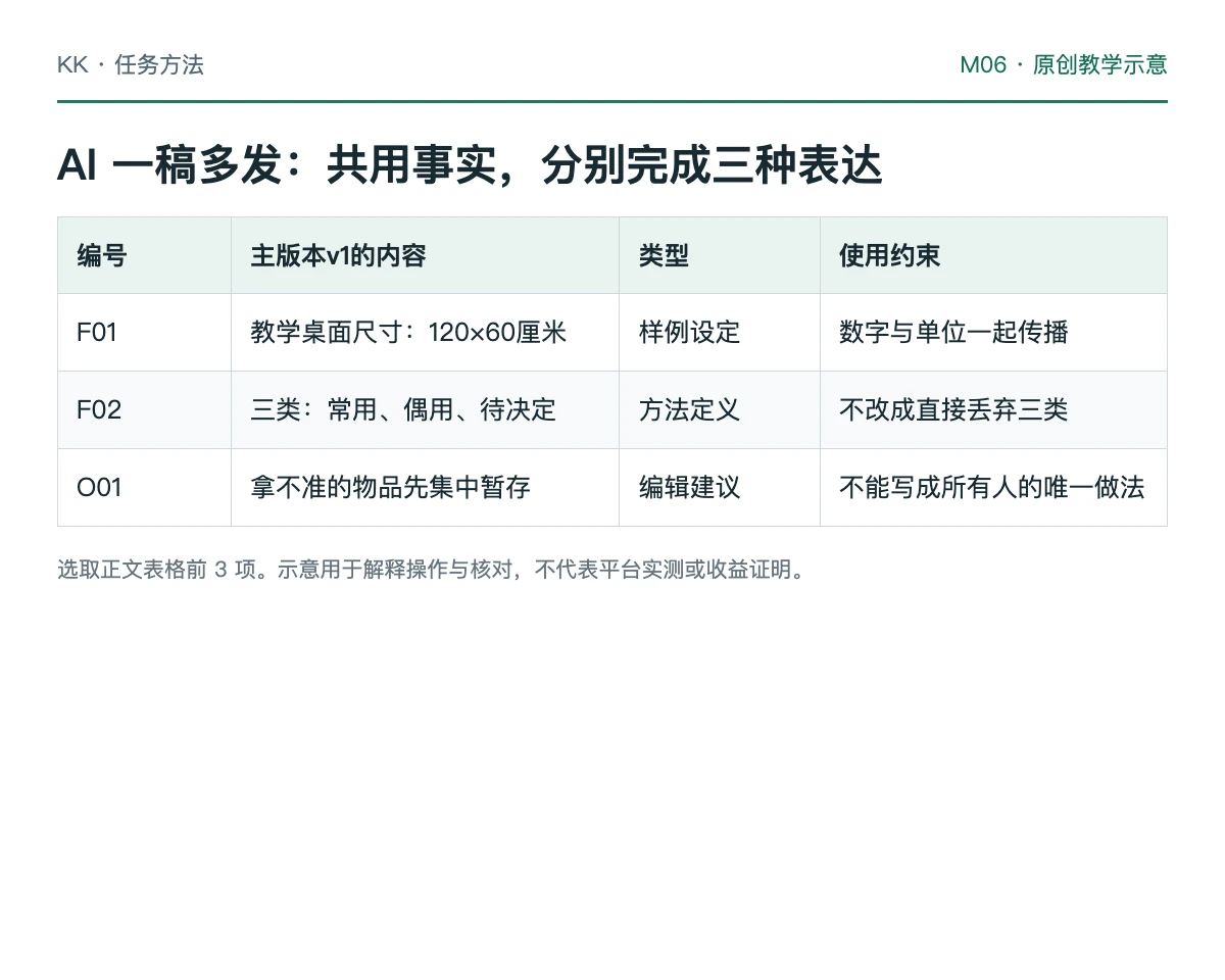 主版本通过事实编号关联三种衍生内容并传播更正的教学示意