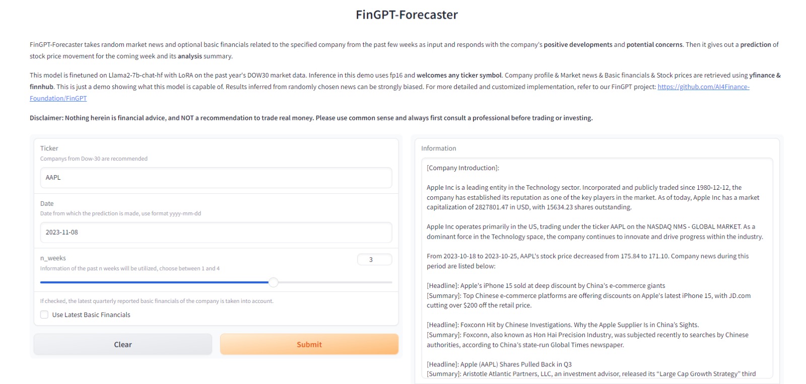 FinGPT Forecaster 官方金融预测交互界面